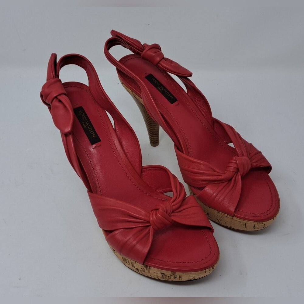 Louis Vuitton Red Leather Platform Slingback Sandals Deerskin Cork 37.5 EU / 7.5 - Picture 7 of 16